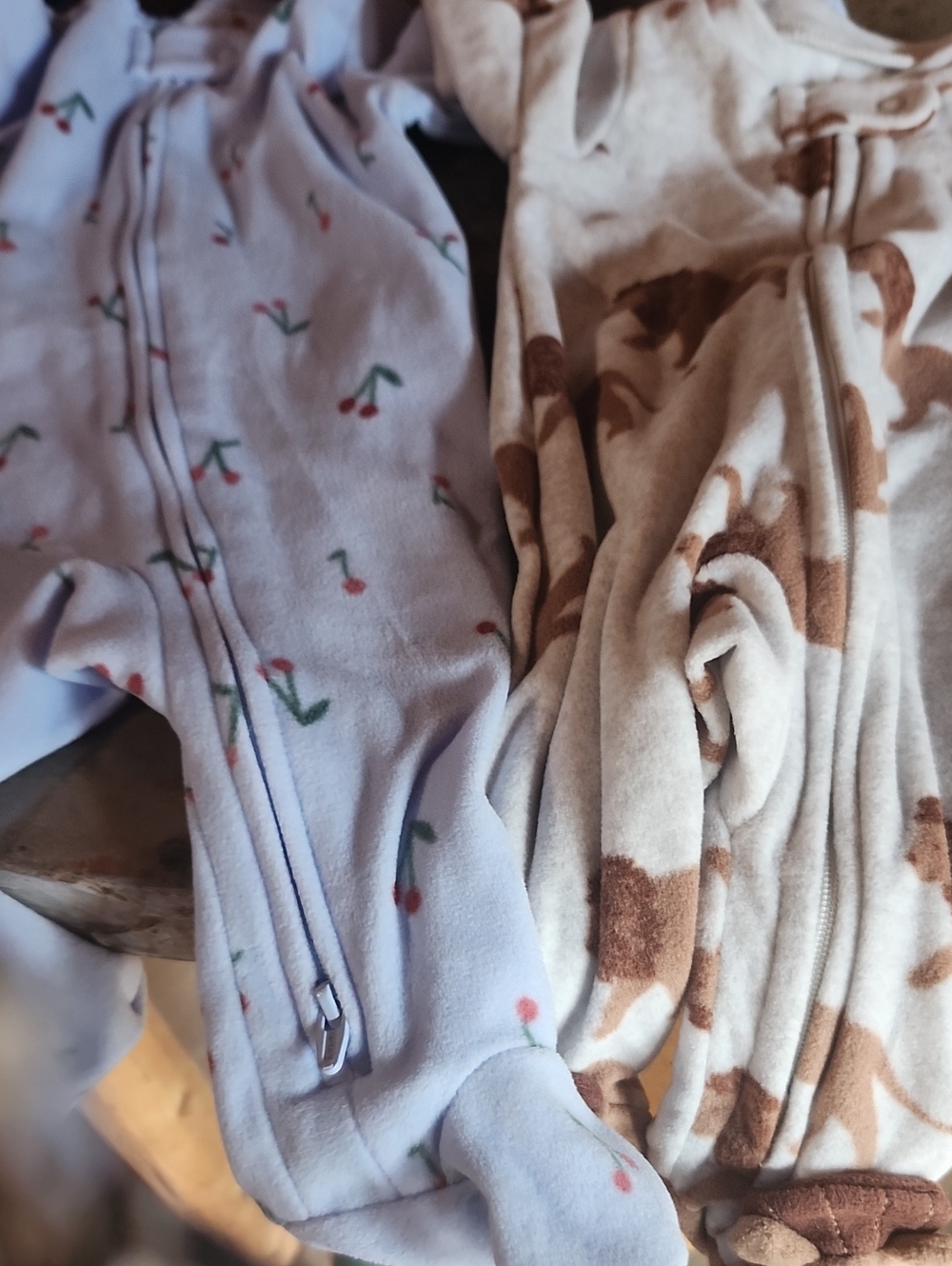 Kids One-Piece Fleece Sleepers in Light Lavender with Cherry Print And Brown